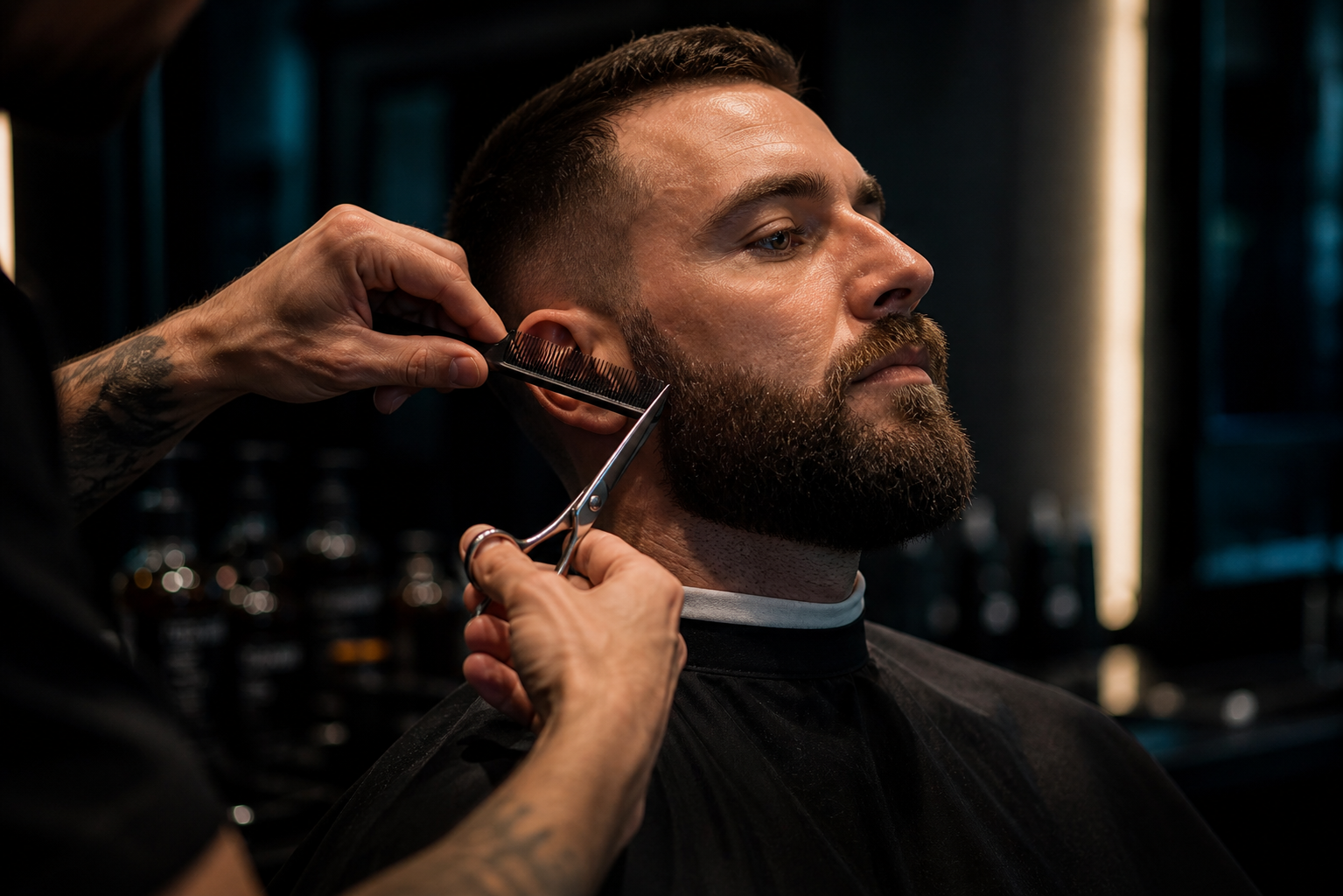 Beard detailing and razor line up in studio chair