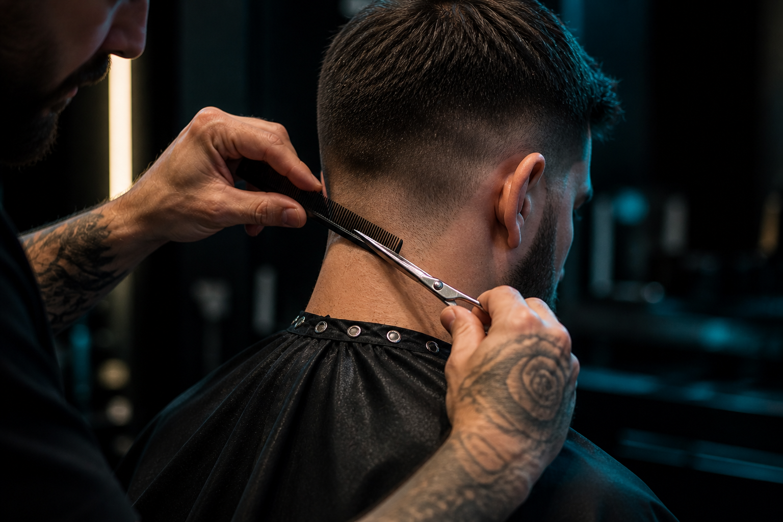 Barber refining neckline with scissors and comb