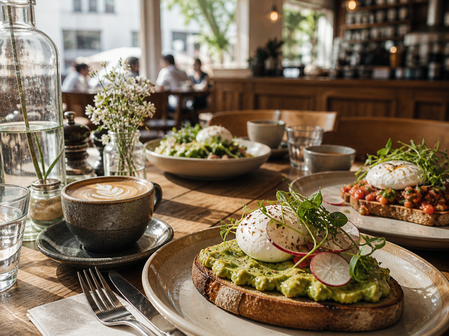 Seasonal brunch favourites — coffee and brunch plates on a rustic timber table in warm daylight