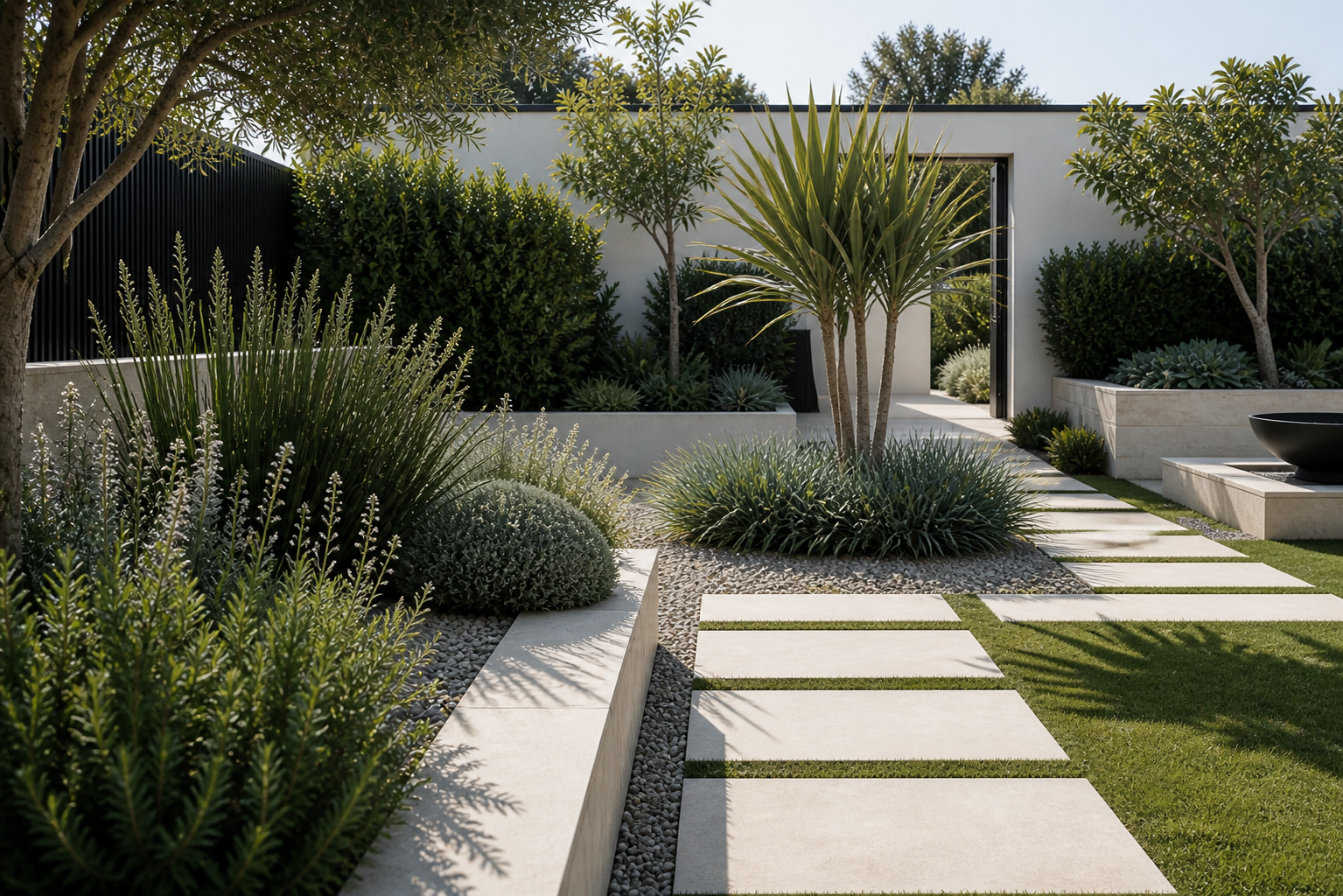 Architectural stepping stones and focal planting